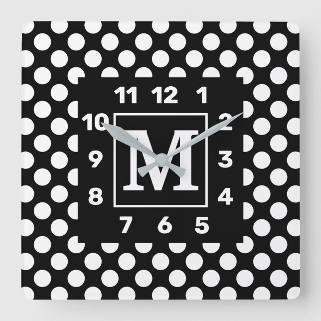 Relógio de Parede Quadrada de Bolinhas BW Monogram (Frente)