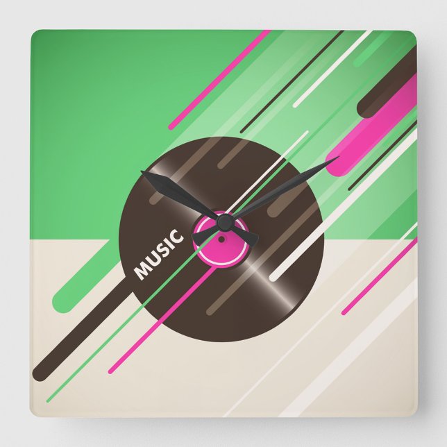 Relógio de Parede Quadrada do Vinil Record (A colorful clock design featuring a vinyl record with bold "Music text!)