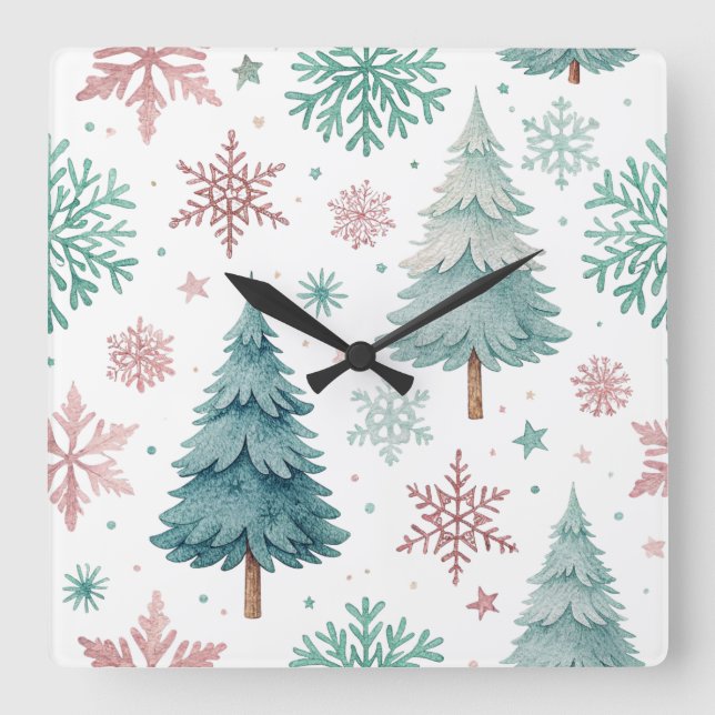 Relógio de Parede Quadrado Árvore de Natal e Floco (Frente)