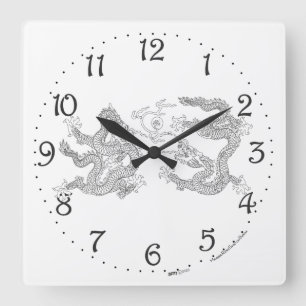 Relógio de Parede Quadrado de Dragão Duplo Chinês