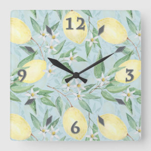 Relógio de parede quadrado de limões em aquarela