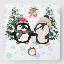 Relógio de Parede Quadrado de Natal com Pinguins F