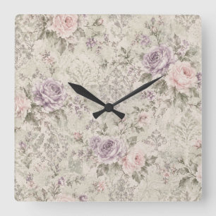 Relógio de Parede Quadrado de Rosas Vintage Shabby