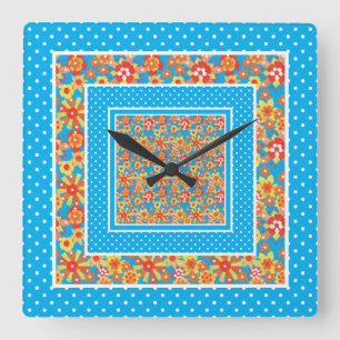 Relógio de Parede Quadrado, Floral Laranja, Bolinh