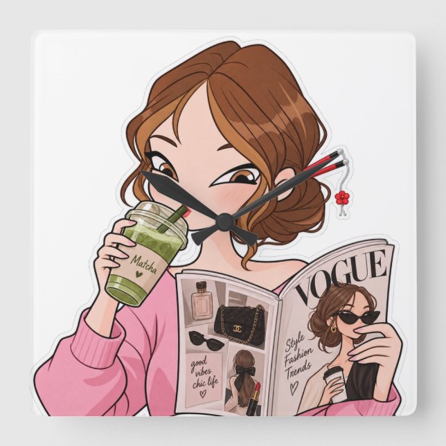 Relógio de Parede Quadrado Moda Matcha Menina Fofa (Frente)