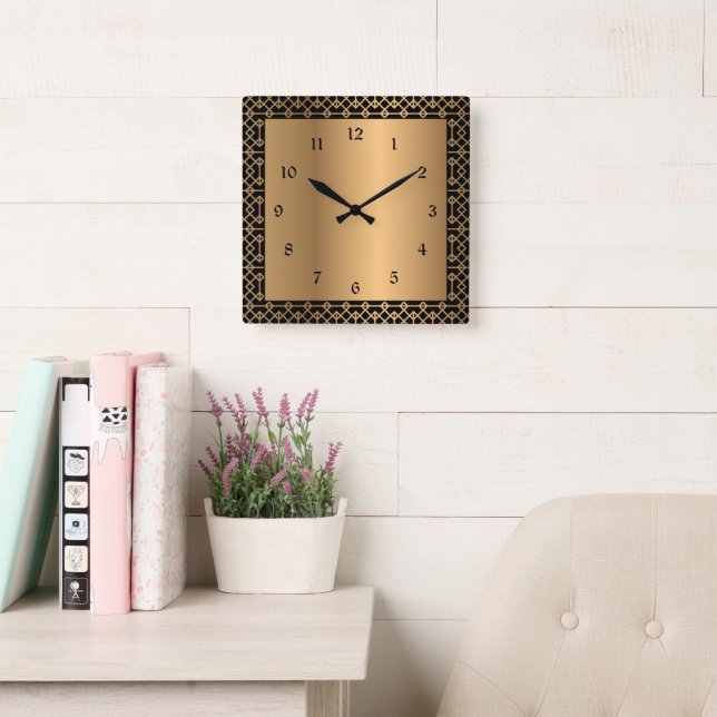 Relógio de parede quadrado preto e dourado elegant (Sala de leitura)