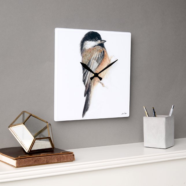Relógio de Parede Quickadee Watercolor Square (Chickadee Watercolor Square Wall Clock from Jenn's Emporium. )