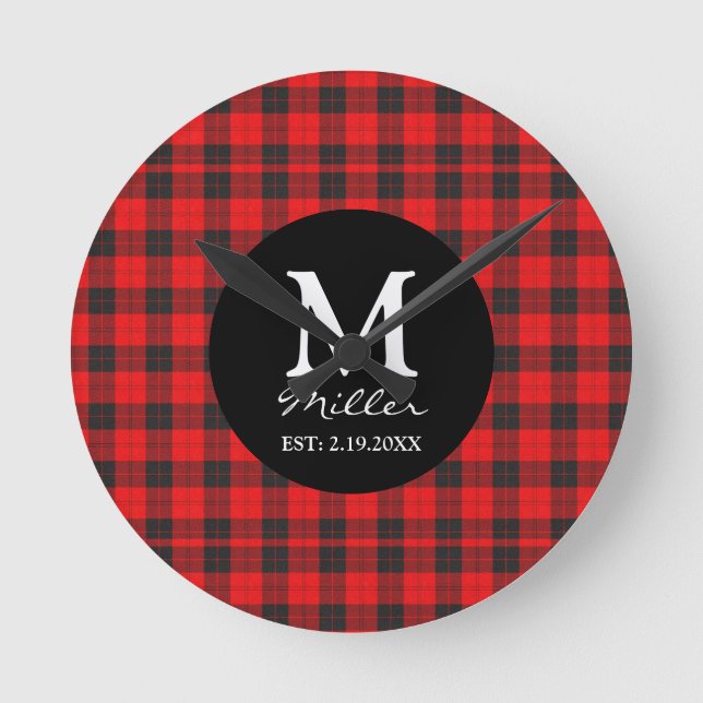 Relógio de Parede Redondo Xadrez Vermelho Monogram (Frente)