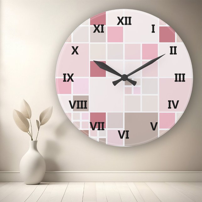 Relógio de Parede Tan-Rosa Verificado (Modern wall clock featuring a checkered pattern in pastel peach, blush pink and sandy brown)