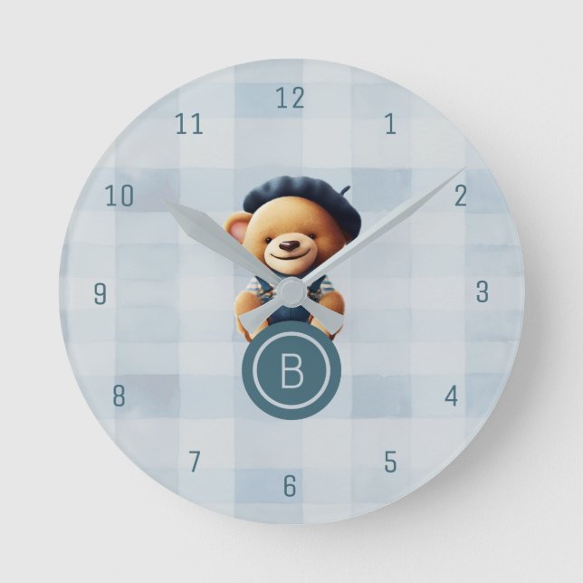 Relógio de Parede Xadrez Azul com Urso Monograma (Frente)