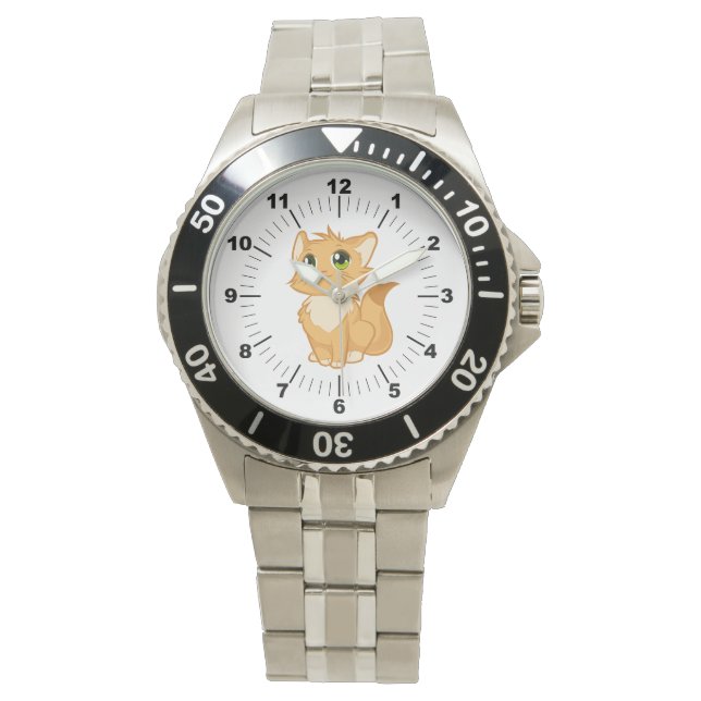 Relógio de pulseiras de aço sem mangueira, de gato (Frente)