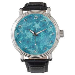 Relógio De Pulso Aqua Blue Starfish Patterno Wrist Watch