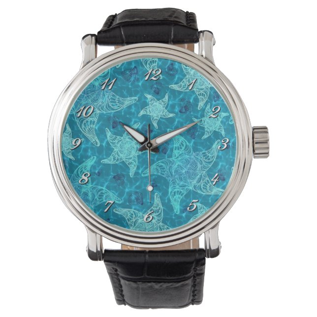 Relógio De Pulso Aqua Blue Starfish Patterno Wrist Watch (Frente)