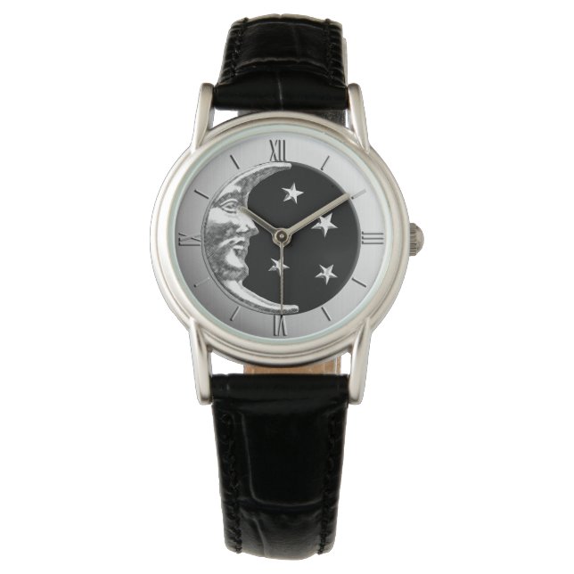 Relógio De Pulso Art Deco Moon and Stars - Preto e Prata (Frente)