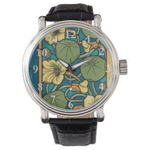 Relógio De Pulso Art Nouveau Nasturtium Azul Dourado floral Verneui