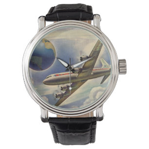 Relógio De Pulso Avião Vintage Voando ao redor do mundo em nuvens