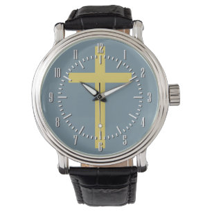 Relógio De Pulso Azul dourado transversal cristão básico do amare