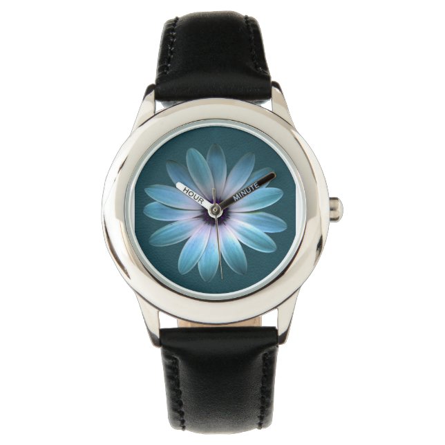 Relógio De Pulso Azure Daisy em Impressão de Couro Negro (Frente)