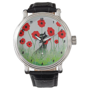 Relógio De Pulso Black Cat and Poppies Watch
