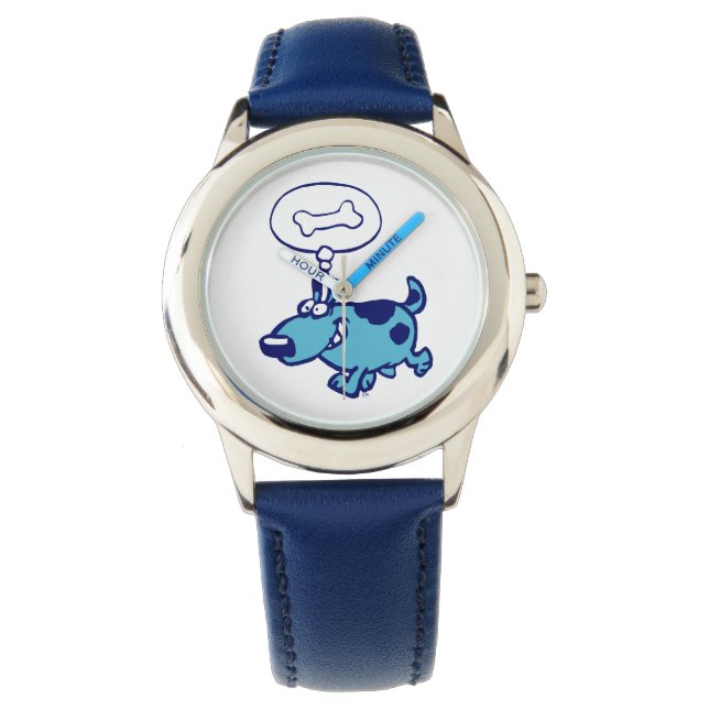 Relógio De Pulso Blue Cartoon Dog pensando em osso Watch (Frente)
