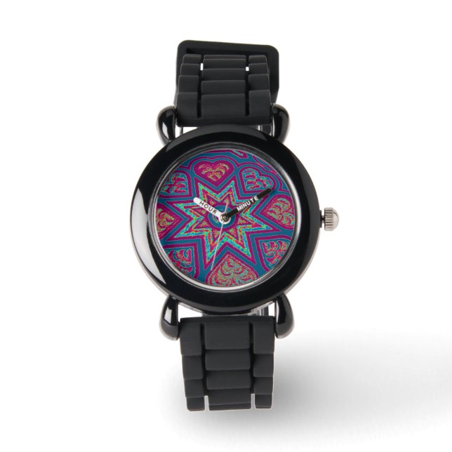 Relógio De Pulso Blue & Red Hearts and Stars Watch (Frente)
