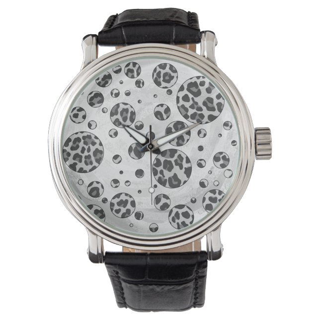 Relógio De Pulso Bolinhas Leopardo Preto e Branco (Frente)