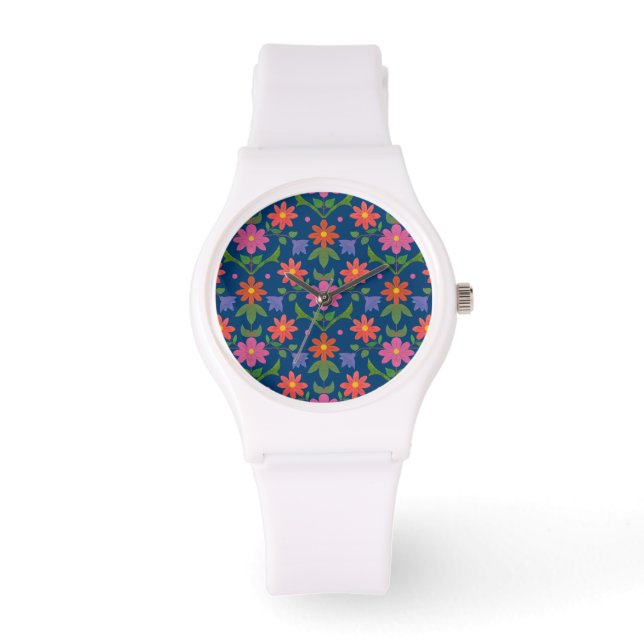 Relógio De Pulso Bolinhas Rangoli Flores, Blue Sporty Wristwatch (Frente)