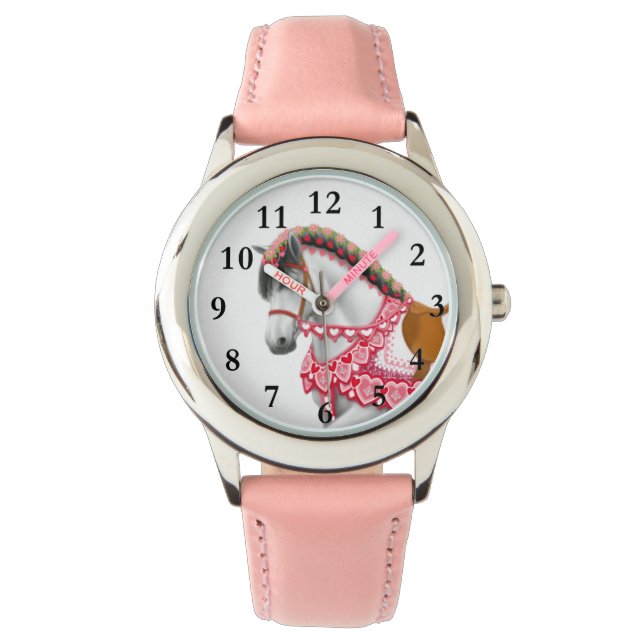 Relógio De Pulso Bonito Pink Heart Parade Horse Kids Watch (Frente)