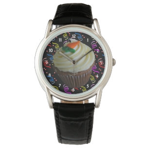 Relógio De Pulso Carrot Cake Cupcake e Confetti Black Leather Watch