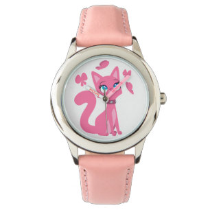 Relógio De Pulso Cartografia rosa-branca Gato e Borboletas