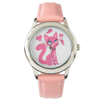 Relógio De Pulso Cartografia rosa-branca Gato e Borboletas