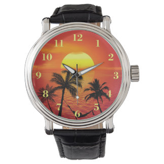 Relógio De Pulso Cena de Praia Tropical Palmeiras Sunset