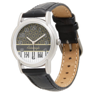 Relógio De Pulso Chaves elegantes do piano com o Quatrefoil Dourado