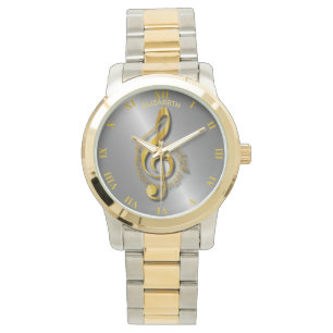 Relógio De Pulso Clef de triplo dourado com notas e sombras