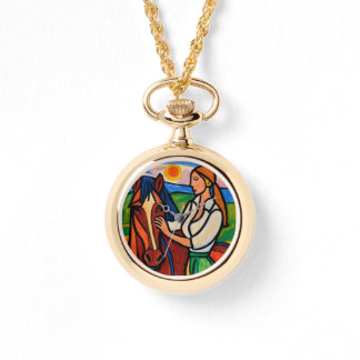 Relógio de pulso com pingente de mulher e cavalo e