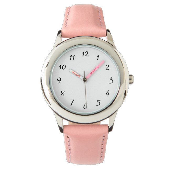 Relógio de pulso com pulseira de couro rosa de aço (Frente)