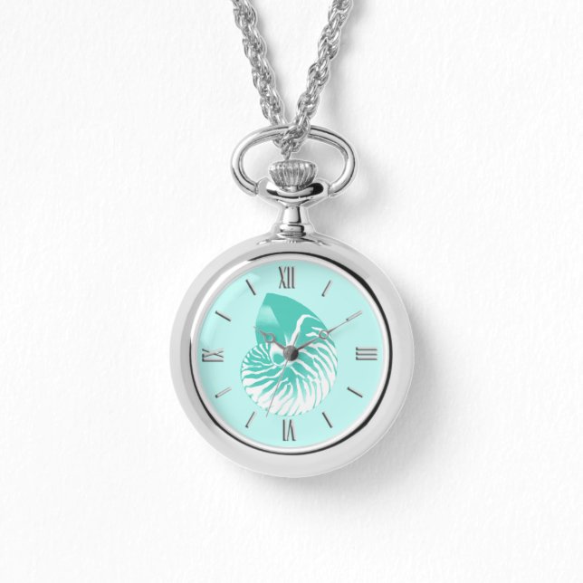 Relógio De Pulso Concha de náutilo - turquesa, aqua e branco (Frente)