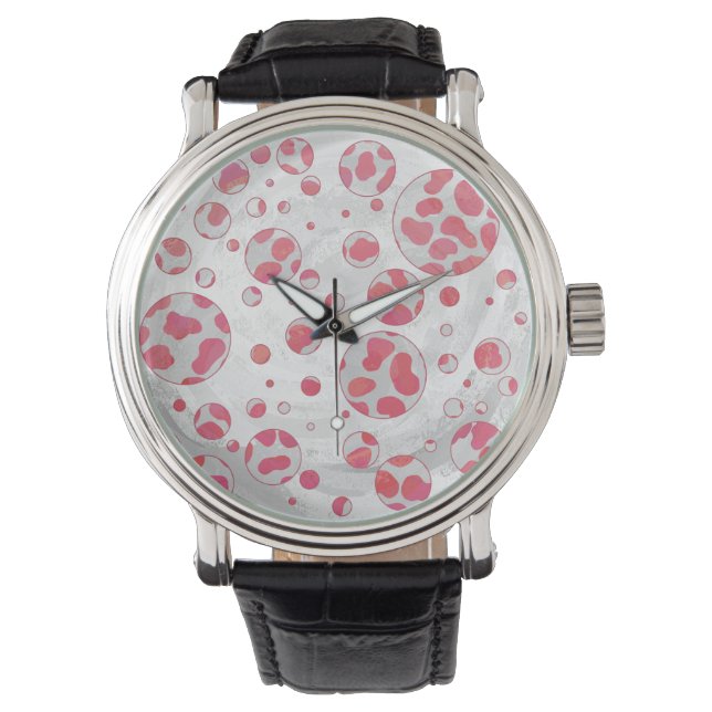 Relógio De Pulso Cor-de-rosa e branco dalmáticos bolinhas (Frente)