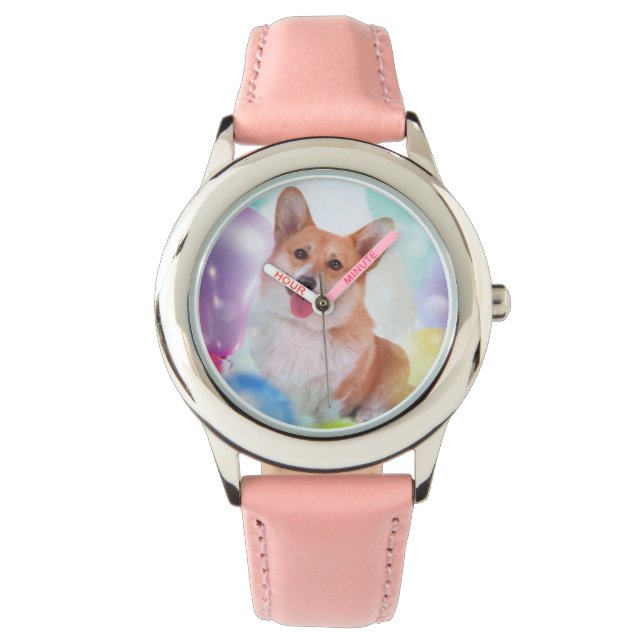 Relógio De Pulso Corgi sorridente com balões (Frente)
