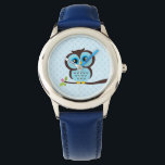 Relógio De Pulso Coruja Azul<br><div class="desc">Na moda personalizado apresenta uma ilustração de vetor doce de uma coruja empoleirada em uma ramificação de árvore em um plano de fundo do padrão bolinhas. Babystar Design em mygrafico.com</div>