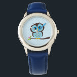 Relógio De Pulso Coruja Azul<br><div class="desc">Na moda personalizado apresenta uma ilustração de vetor doce de uma coruja empoleirada em uma ramificação de árvore em um plano de fundo do padrão bolinhas. Babystar Design em mygrafico.com</div>