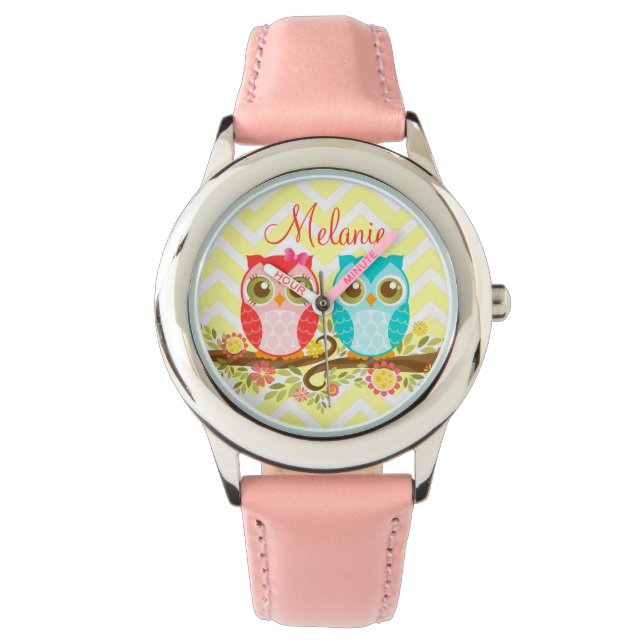 Relógio De Pulso Corujas rosa e azuis - Vigilância personalizada do (Frente)