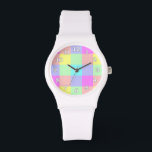 Relógio De Pulso Cotovelo Pastel Verificado<br><div class="desc">Este design brilhante e colorido tem uma textura leve repetindo o padrão verificado / quadrado em um arco-íris vívido de cores pastéis. É um padrão de tabuleiro de xadrez na moda, vibrante e bonito que se parece com o tempo de corrida. Aproveite-o como está ou use-o como fundo para seu...</div>