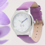 Relógio De Pulso Custom Kids Name Steel Purple Leather Girls Watch<br><div class="desc">Custom, personalized, kids girls fun cool stylish purple leather strap, stainless steel case, wrist watch. Simply type in the name. Go ahead create a wonderful, custom watch for the lil princess in your life - daughter, sister, niece, grandaughter, goddaughter, stepdaughter. Makes a great custom gift for birthday, graduation, christmas, holidays,...</div>
