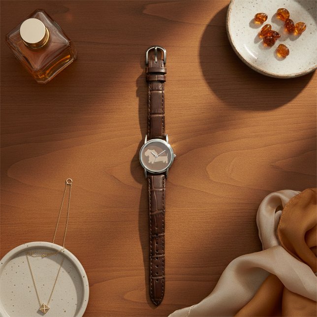 Relógio De Pulso Damas Chocolate Brown Dachshund Leather Watch (Brown dachshund ladies leather watch for wiener dog lovers)