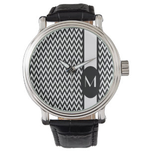 Relógio De Pulso Design de Chevron Elegante Preto com monograma