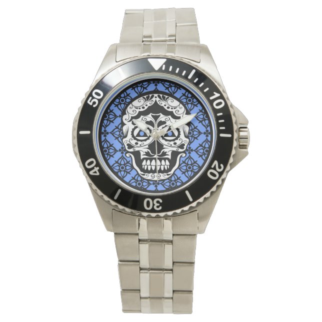 Relógio De Pulso Design negro de açúcar branco azul (Frente)