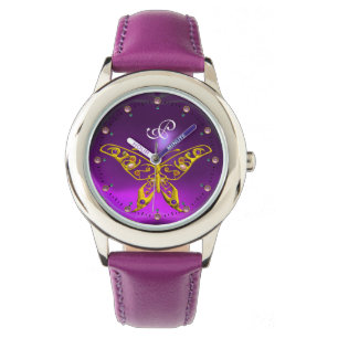 Relógio De Pulso DOURADO HYPER BUTTERFLY Roxo Monograma do Ametista