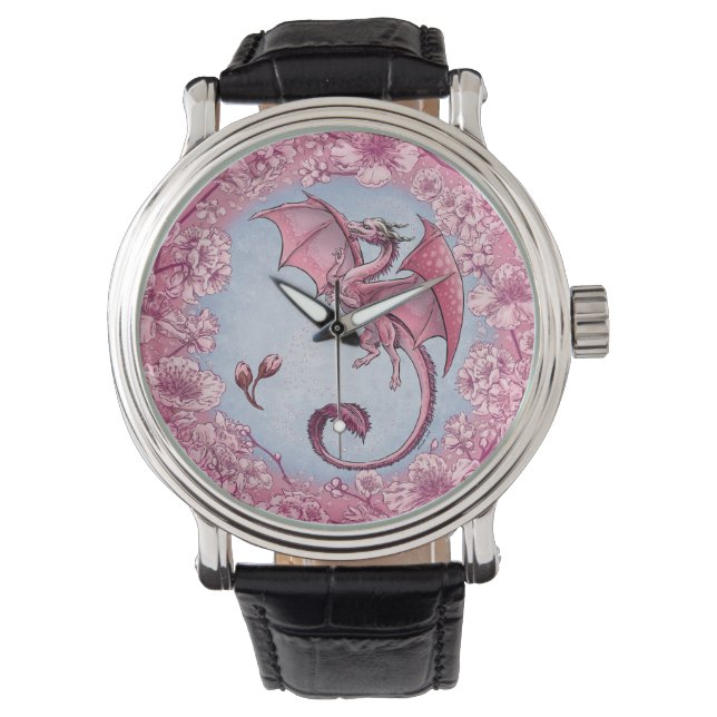 Relógio De Pulso Dragão rosa da Primavera Nature Fantasy Art (Frente)