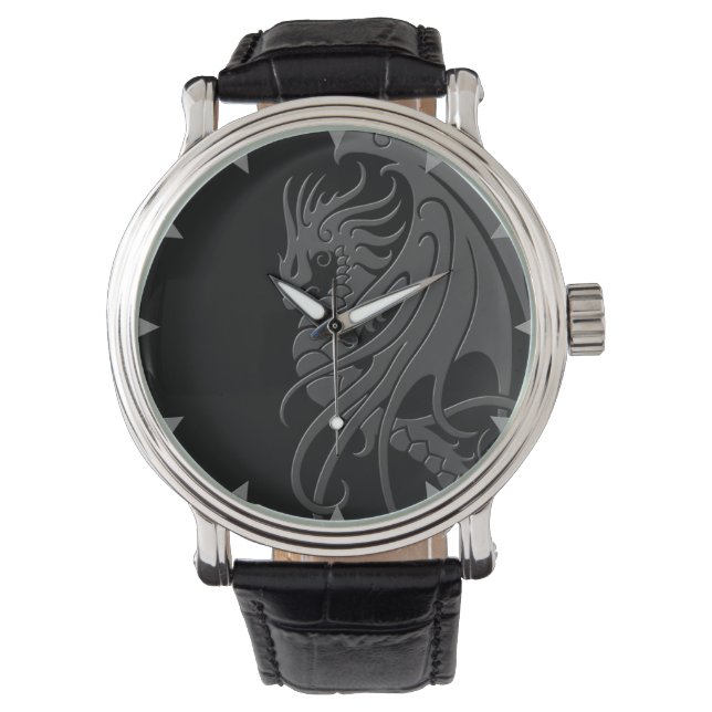 Relógio De Pulso Dragão Tribal Voador - cinzas de preto (Frente)